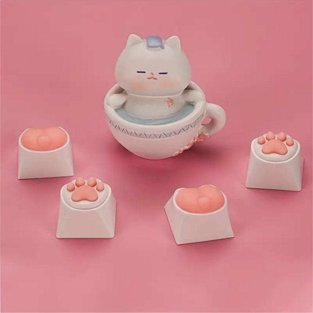 4-Piece Pink Cat Paw Keycap Set – Silicone, Cute Cartoon Design