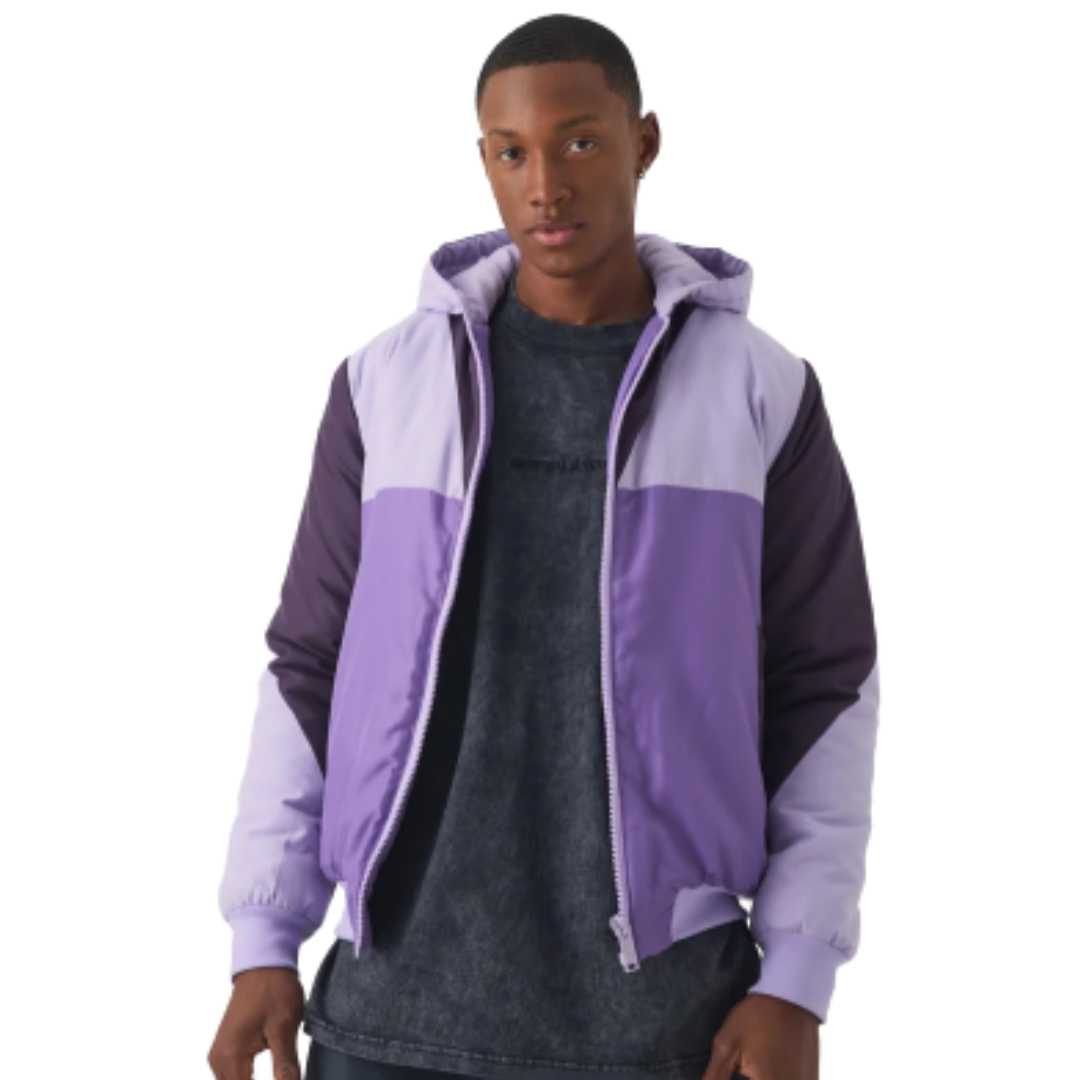 Colour Block Hooded Padded Bomber Jacket – Purple | Warm, Stylish & Everyday Comfort