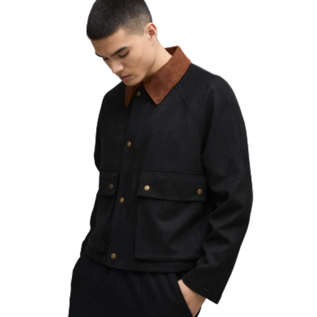 Oversized Faux Suede Harrington Jacket with Contrast Collar – Boxy Fit