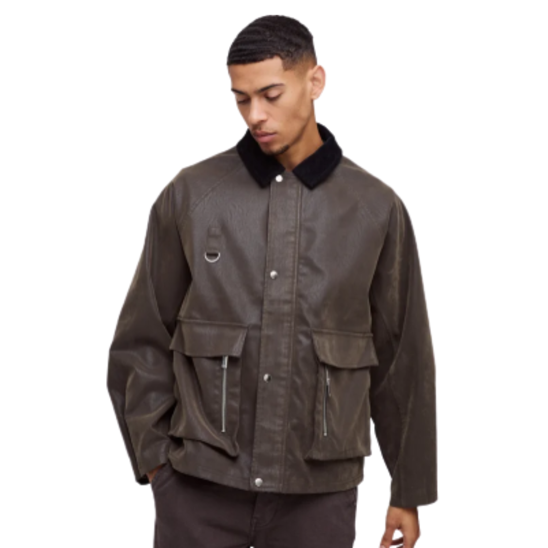 Oversized Peached PU Worker Jacket with Contrast Collar – Boxy Trucker Style