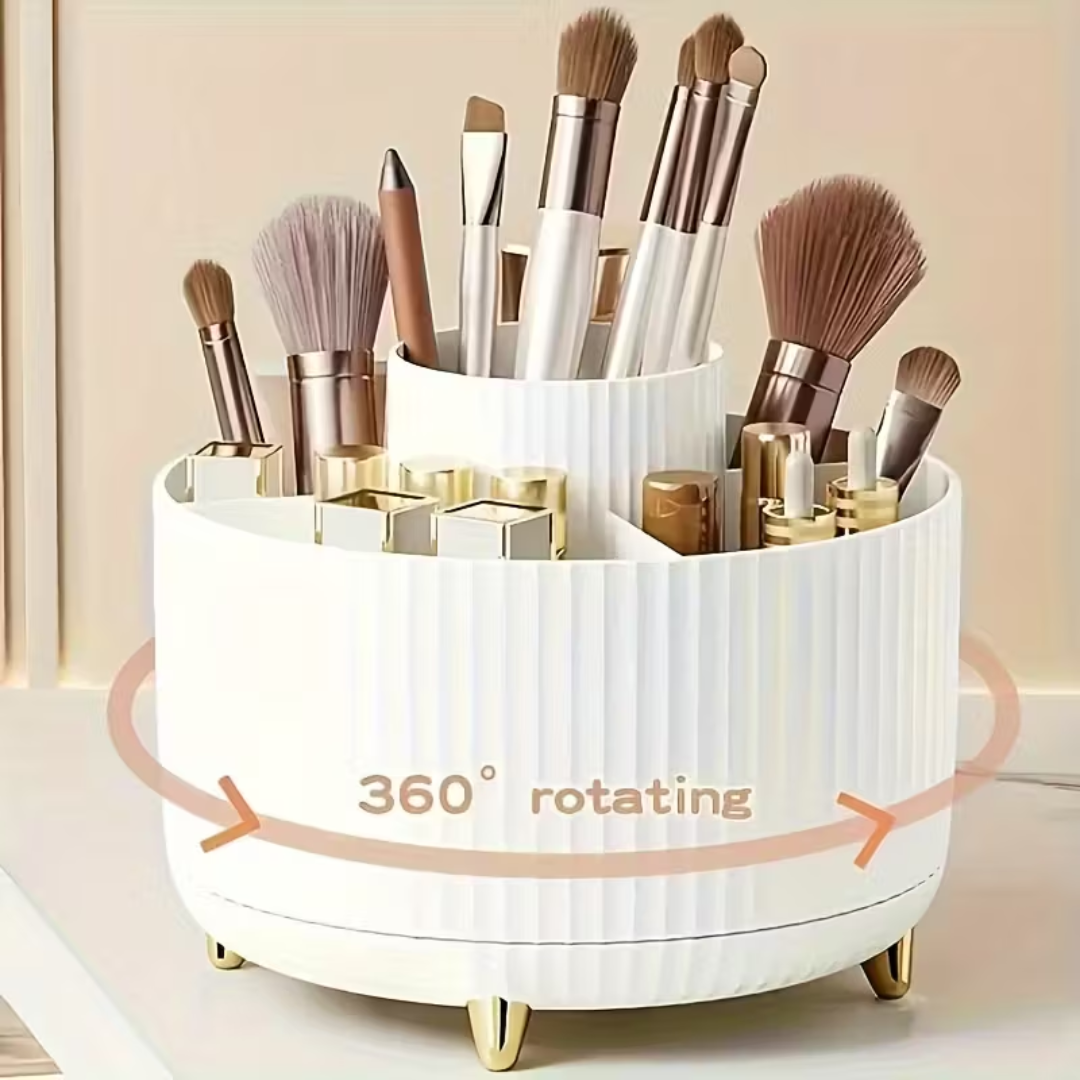 360° Rotating Makeup Organizer – 5-Tier Spinning Cosmetic Storage Caddy for Vanity & Desk (White Luxury Stripe Design)