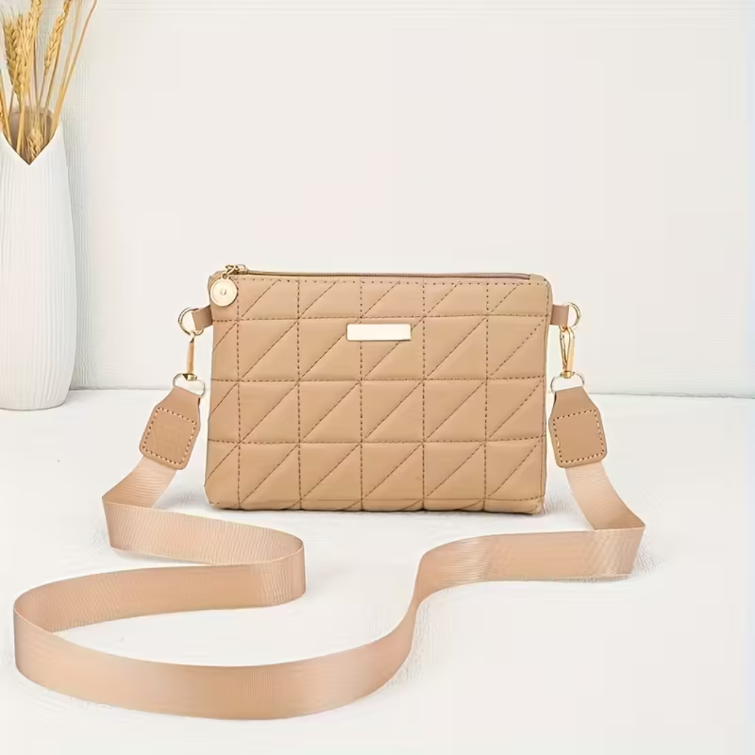 Women’s Quilted Crossbody Bag – Brown Synthetic Shoulder Purse with Detachable Coin Wallet & Makeup Pouch, Golden-Tone Hardware