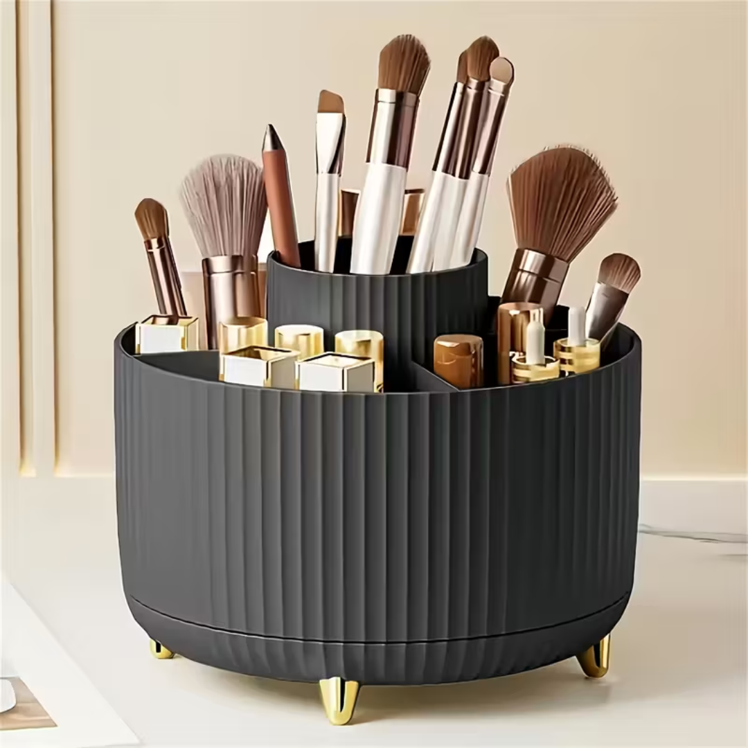 360° Rotating Makeup Organizer – 5-Tier Spinning Cosmetic Storage Caddy in Black Luxury Stripe Design