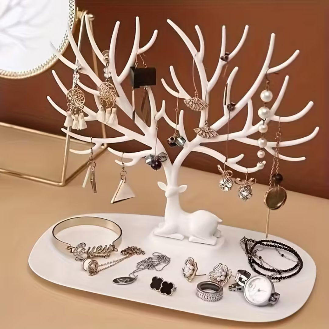 Antler-Shaped Jewelry Display Stand – Vinyl Organizer with Multi-Hook Design & Tray for Earrings, Necklaces and Bracelets