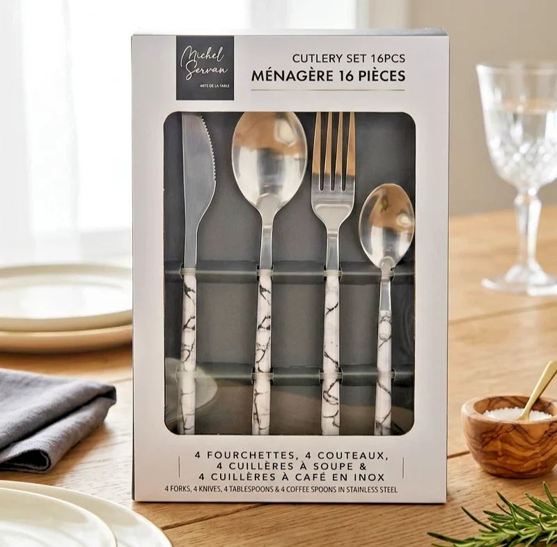 Michel Servan 16 Piece Stainless Steel Cutlery Set with Marble Effect Handles