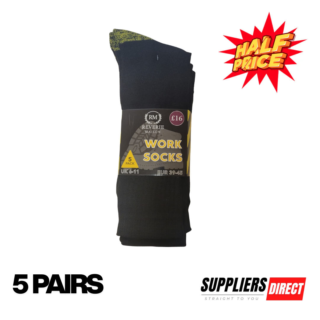 5 Pairs Men’s Work Socks by Reverie Maison – Heavy-Duty Breathable Cotton Blend (UK 6–11)