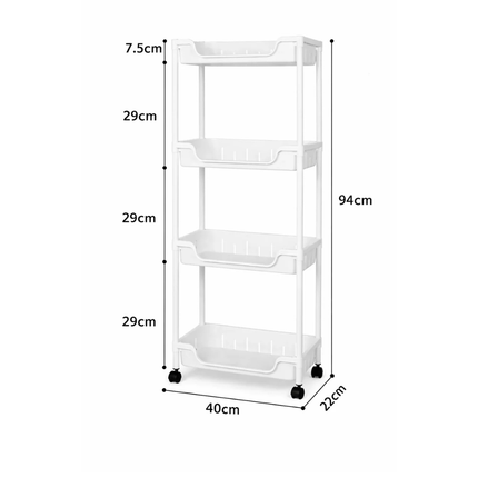 4 Tier Plastic Storage Trolley on Wheels Slim Multi Purpose Organizer Cart