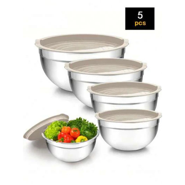 5 Piece Stainless Steel Mixing Bowl Set with Lids Nesting Kitchen Bowls