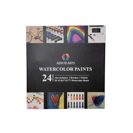 AEM Watercolour Paint Set – 24 Colour Tubes with Brushes, Paper & Palette