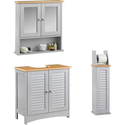 CARME Atlanta 3-Piece Bathroom Furniture Set – Grey Under-Sink Cabinet, Wall Mirror Unit & Toilet Roll Holder