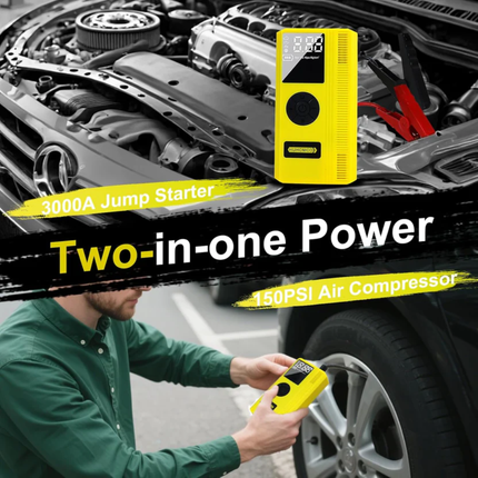 3000A 7-in-1 Car Jump Starter Power Pack 150PSI Air Compressor 12V Petrol & Diesel Portable Booster