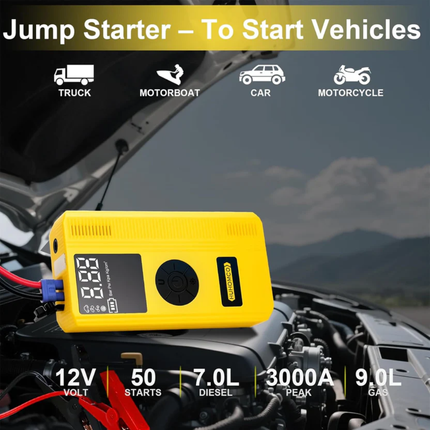 3000A 7-in-1 Car Jump Starter Power Pack 150PSI Air Compressor 12V Petrol & Diesel Portable Booster