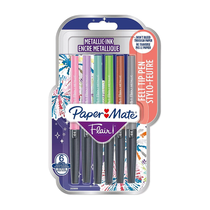 Paper Mate Flair Metallic Marker Pens 6 Pack – 0.7mm Medium Tip Writing Markers