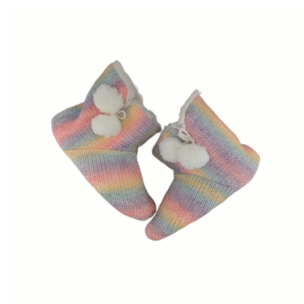 Rainbow Knit Slipper Boots with Pom Poms – Super Soft Cosy Slippers (Size 5)