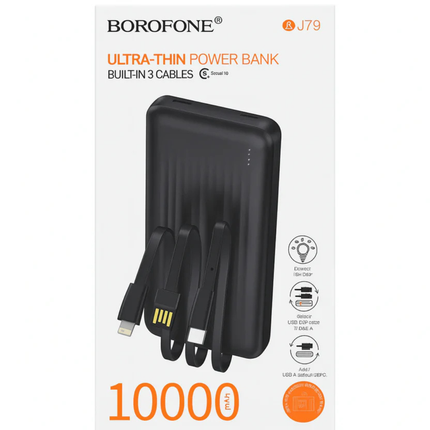 BOROFONE BJ79 10000mAh Power Bank with Built In Type C Lightning Cables Black