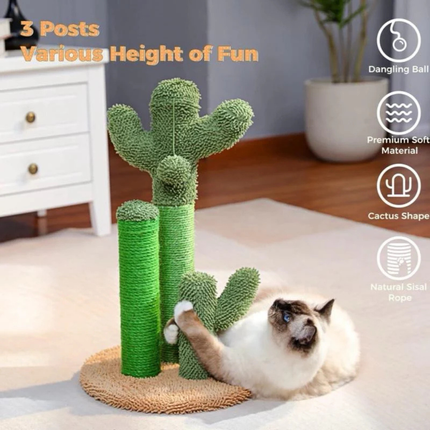 Cactus Cat Scratching Post 3 in 1 Sisal Cat Tree Brown 53cm with Hanging Toy