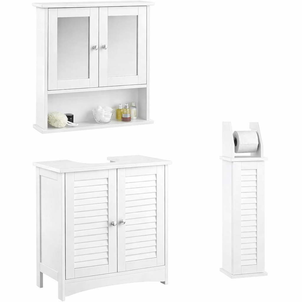 CARME Atlanta 3-Piece Bathroom Furniture Set – White - Under-Sink Cabinet, Wall Mirror Unit & Toilet Roll Holder (OFFER)