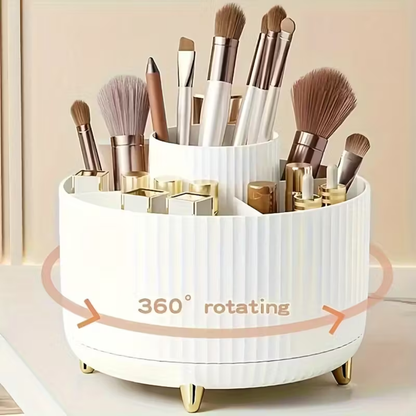 360° Rotating Makeup Organizer – 5-Tier Spinning Cosmetic Storage Caddy for Vanity & Desk (White Luxury Stripe Design)