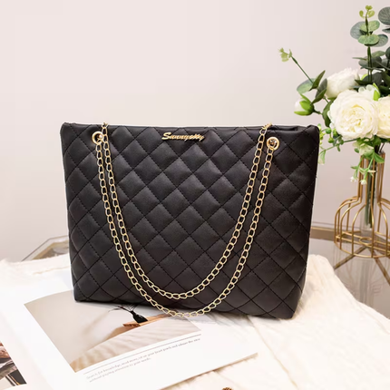 Women’s Quilted Shoulder Bag – White PU Leather Tote with Chain Strap, Buckle Closure & Matching Wallet