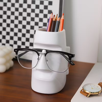 Moai Stone Statue Makeup Brush Holder – Multifunctional Desktop Organizer with Glasses Stand & Vase (Lightweight, Varnished Finish)