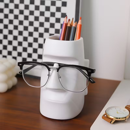 Moai Stone Statue Makeup Brush Holder – Multifunctional Desktop Organizer with Glasses Stand & Vase (Lightweight, Varnished Finish)