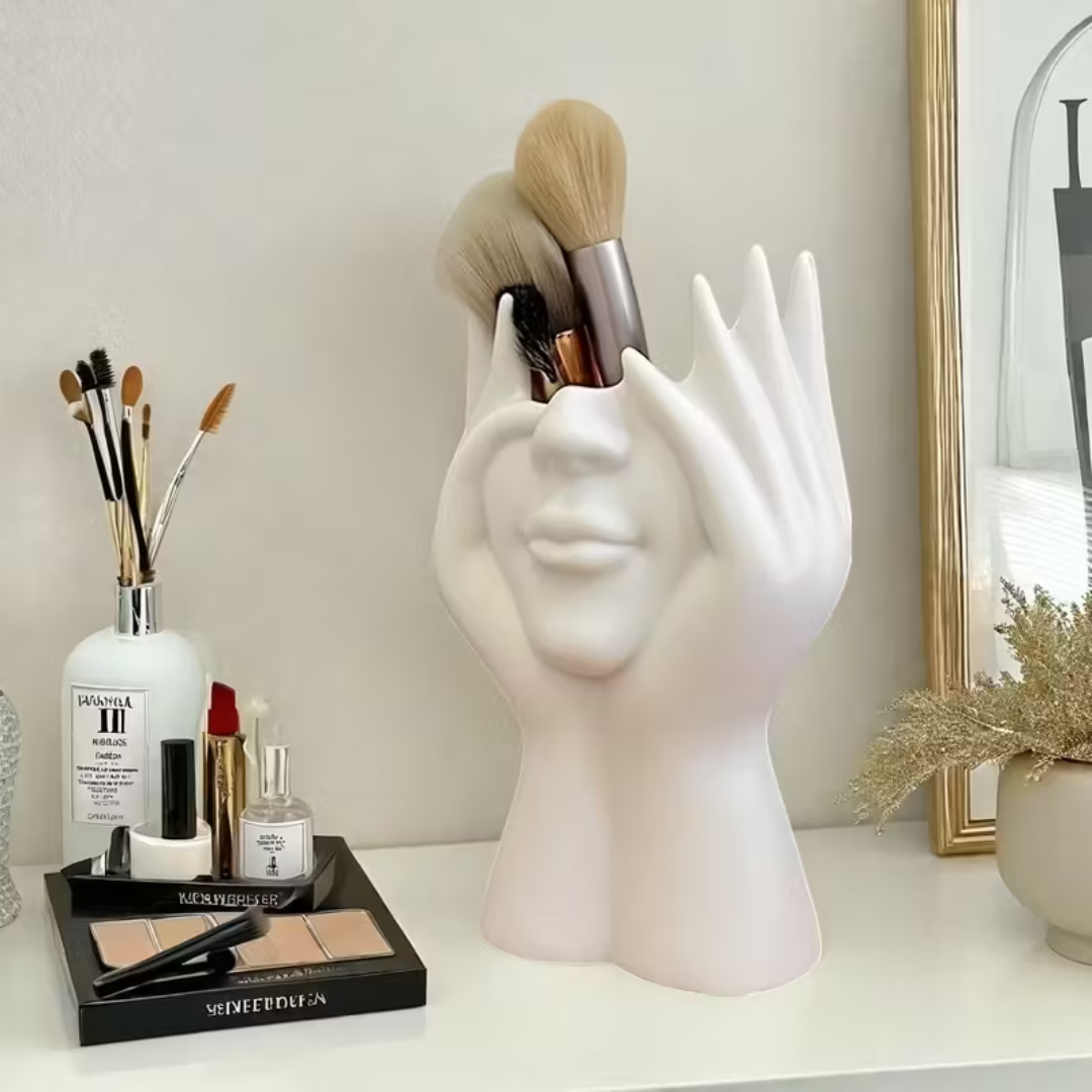 Modern White Makeup Organizer – Hands Design with Heart Cutouts, Lightweight Cosmetic Storage Box with Brush Holder & Open Compartments