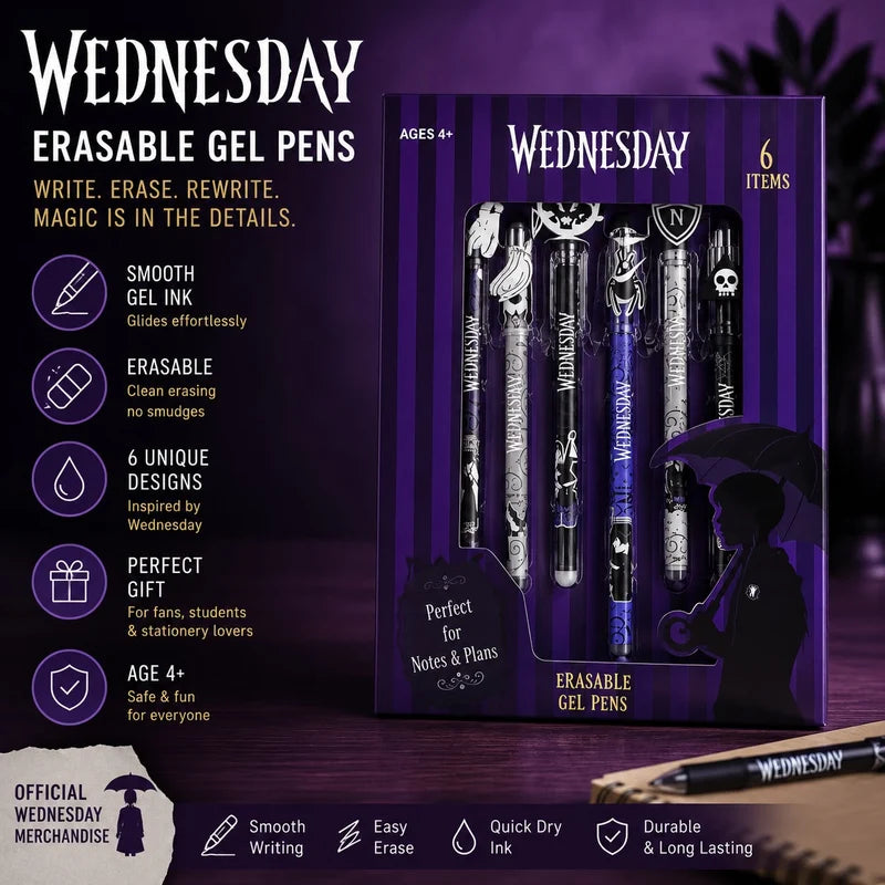 Wednesday 6 Piece Erasable Gel Pen Set – Gothic School & Office Stationery