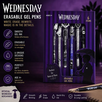 Wednesday 6 Piece Erasable Gel Pen Set – Gothic School & Office Stationery