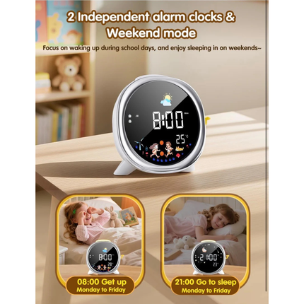Kids Sleep Training Alarm Clock Sun Moon LED Night Light Dual Alarm USB