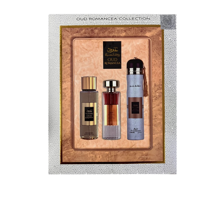 Oud Romancea Fragrance Gift Set – EDP 100ml, Perfume Mist 250ml & Air Freshener 300ml