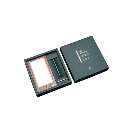YSTUDIO My Resolute Gift Set – Forest Green Brass Ballpoint Pen & Walnut Notepad Stand