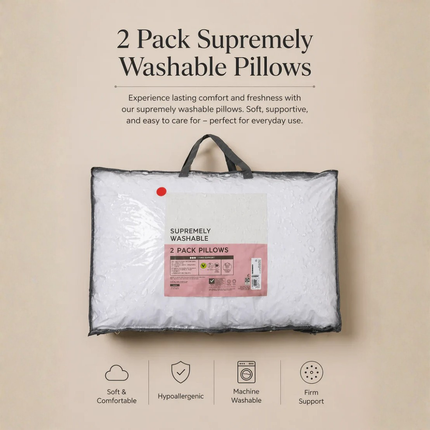 2 Pack Supremely Washable Pillows Soft Supportive Hollowfibre Bed Pillows Easy Care Machine Washable Sleeping Pillows