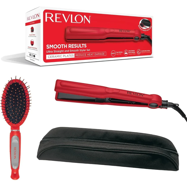 REVLON Ultra Straight and Smooth Styler Gift Set Hair Straightener with Paddle Brush Storage Pouch for Sleek Smooth Hair Styling