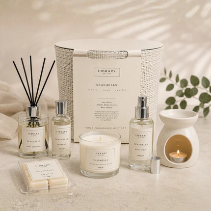 Home Library of Scent Seashells Hamper Luxury Home Fragrance Gift Set with Scented Candles Reed Diffuser & Relaxing Aromatherapy Accessories