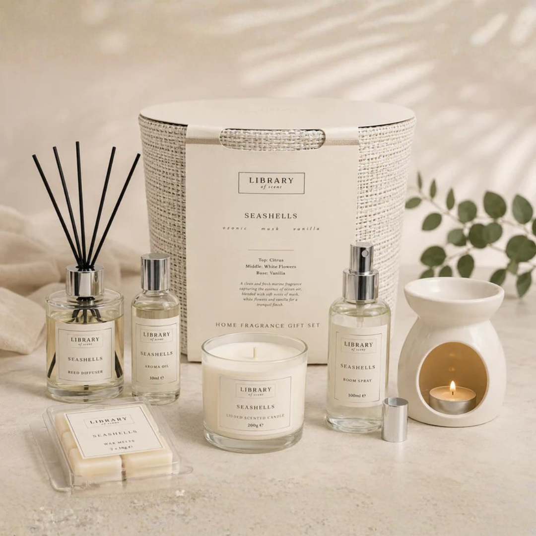Home Library of Scent Seashells Hamper Luxury Home Fragrance Gift Set with Scented Candles Reed Diffuser & Relaxing Aromatherapy Accessories