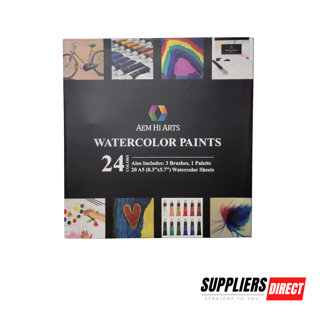 AEM Watercolour Paint Set – 24 Colour Tubes with Brushes, Paper & Palette